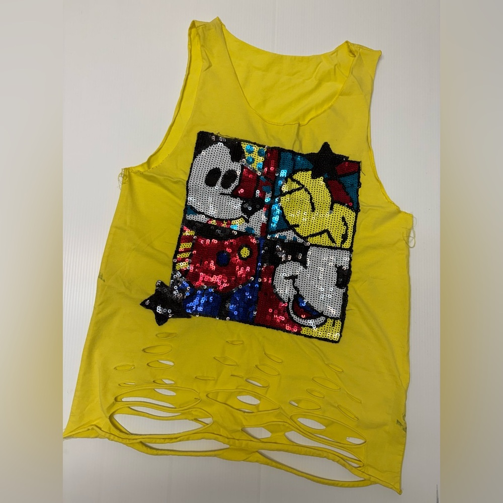 T358- Yellow Sequin Graphic Women's Muscle Tee